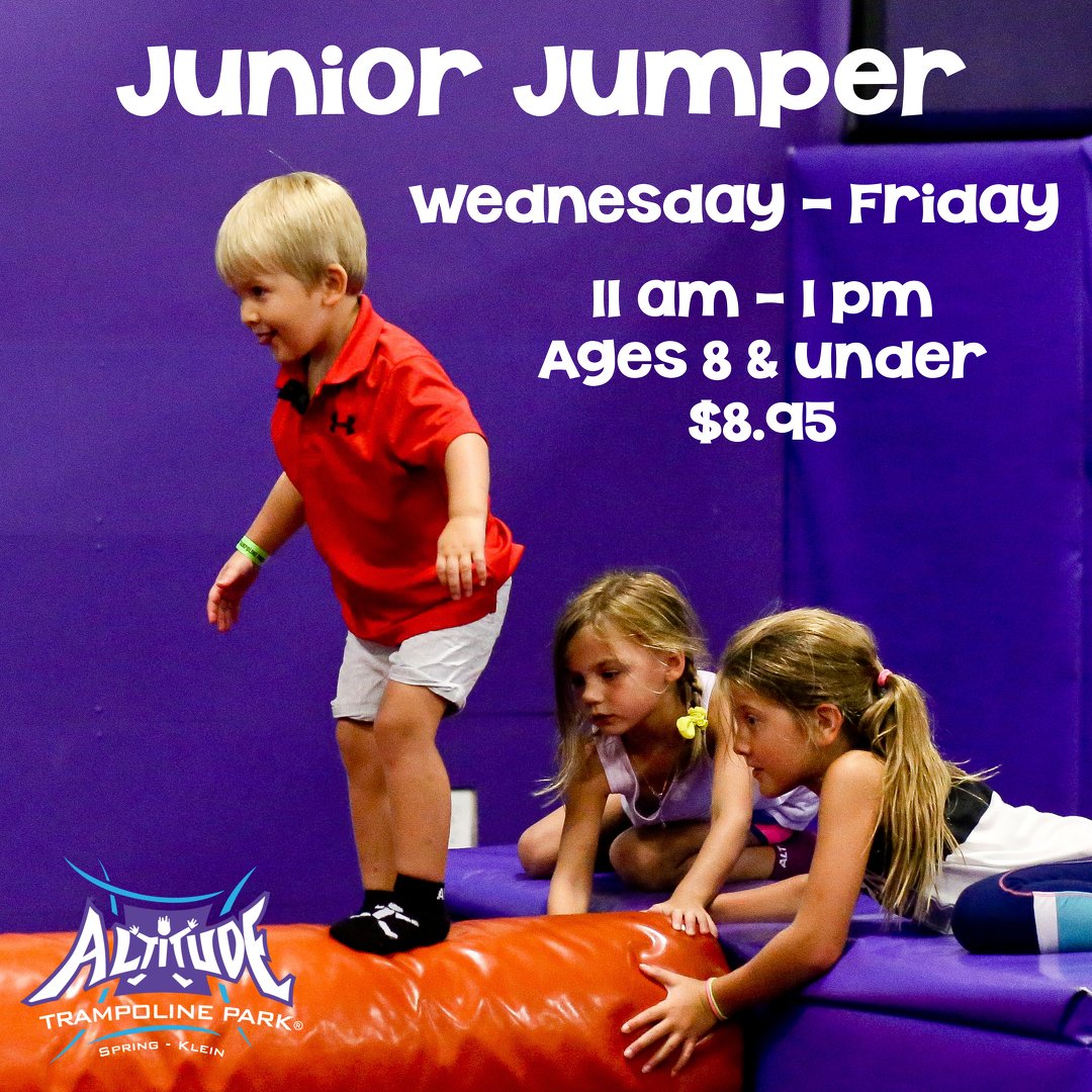 altitudespring's tweet photo. Every Wednesday, Thursday &amp; Friday from 11 am - 1 pm is discounted jump for ages 8 &amp; under for just $8.95.  Parents can jump along too for just $2!

Please note, park is open to all ages during Junior Jumper. https://t.co/tfjo9NXLSA