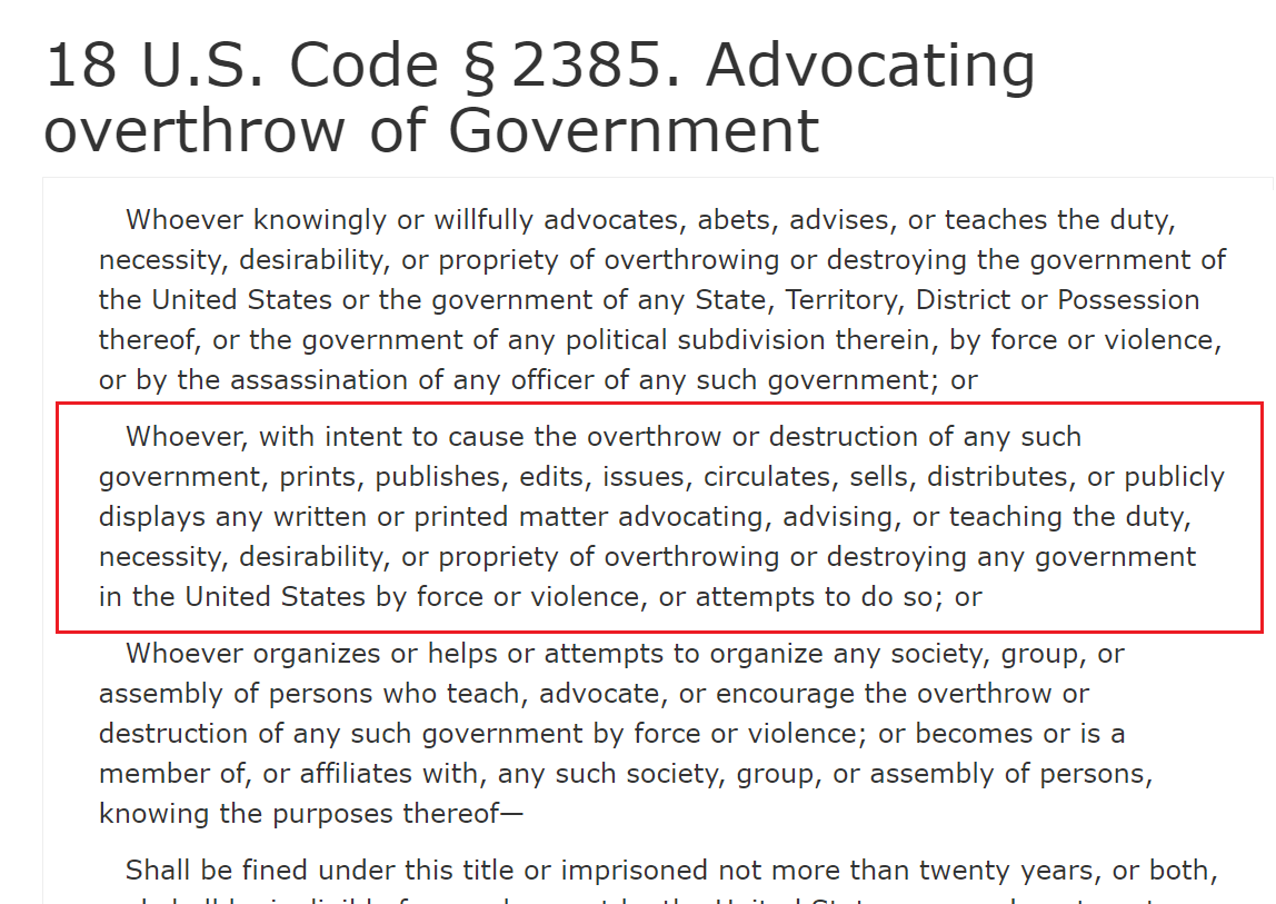 23) If it can be proven that the press and social media platforms knowingly participated in an attempt to overthrow the government, they can be prosecuted under 18 U.S. Code § 2385. https://www.law.cornell.edu/uscode/text/18/2385