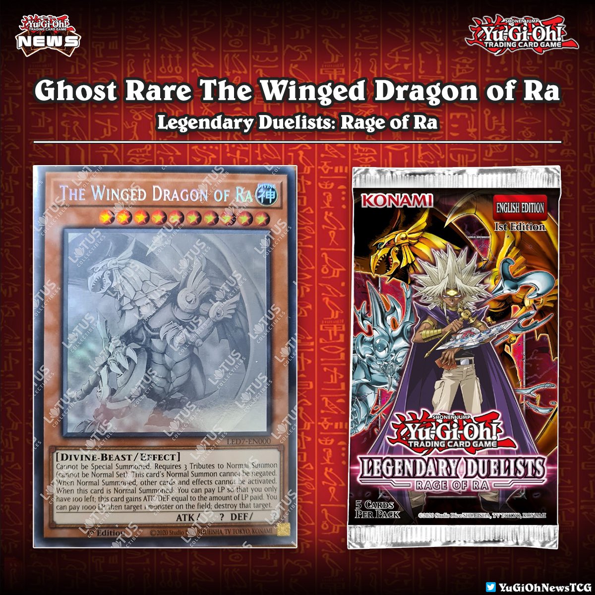YuGiOhNewsTCG's tweet image. ❰𝗟𝗲𝗴𝗲𝗻𝗱𝗮𝗿𝘆 𝗗𝘂𝗲𝗹𝗶𝘀𝘁𝘀: 𝗥𝗮𝗴𝗲 𝗼𝗳 𝗥𝗮❱
First glance of the new Ghost Rare god card in the upcoming #YuGiOh TCG Legendary Duelists: Rage of Ra❗️

Source: Lotus Collectibles