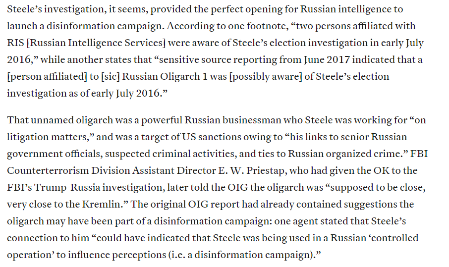 ...whether via the Mueller report's info on the post-election period (which makes no sense if Trump was a Kremlin spy or whatever); or the FBI's own findings that large parts of the Steele dossier, incl. the "pee tape", were actually Russian intel disinfo.