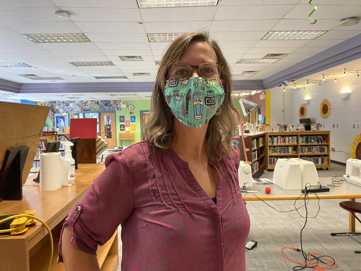 sarahpjustice's tweet photo. Excited to pull out maker tools today! Mask making with @RHS_Art Art II and Mrs Bolt’s class-an activity that is a sign of the times but did help make the library feel more normal. And there was at least one natural seamster in these two classes! #tcsyes #makerspace #makingmasks https://t.co/IjWgQRabWc