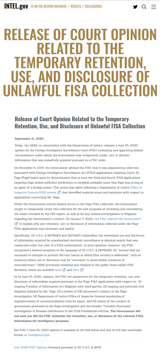 32) In a newly declassified opinion, the Foreign Intelligence Surveillance Court (FISC) chose to restrict the Government's retention, use, and disclosure of information unlawfully obtained from the surveillance of Carter Page.  https://www.intelligence.gov/index.php/ic-on-the-record-database/results/1008-release-of-documents-related-to-the-temporary-retention,-use,-and-disclosure-of-unlawful-fisa-