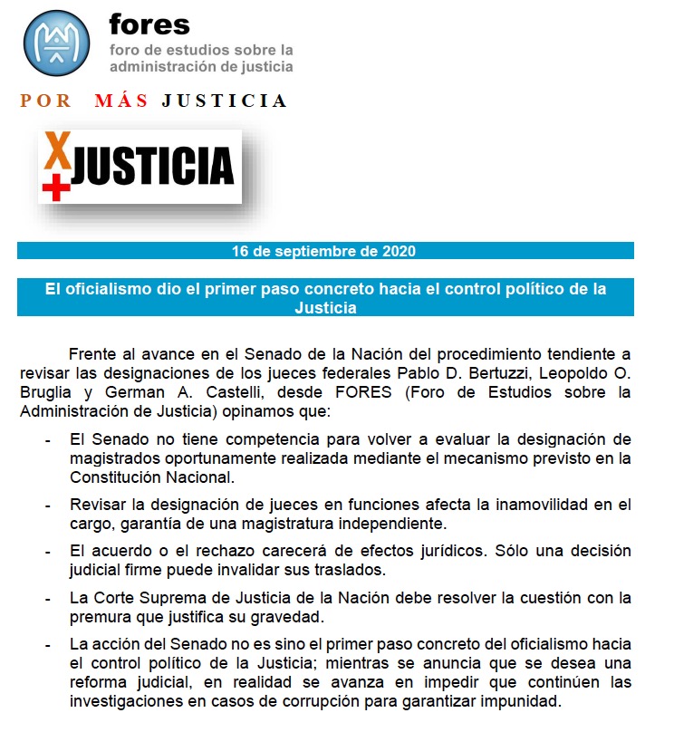 El oficialismo dio el primer paso concreto hacia el control político de la Justicia.

Declaración de Fores del 16/9/20