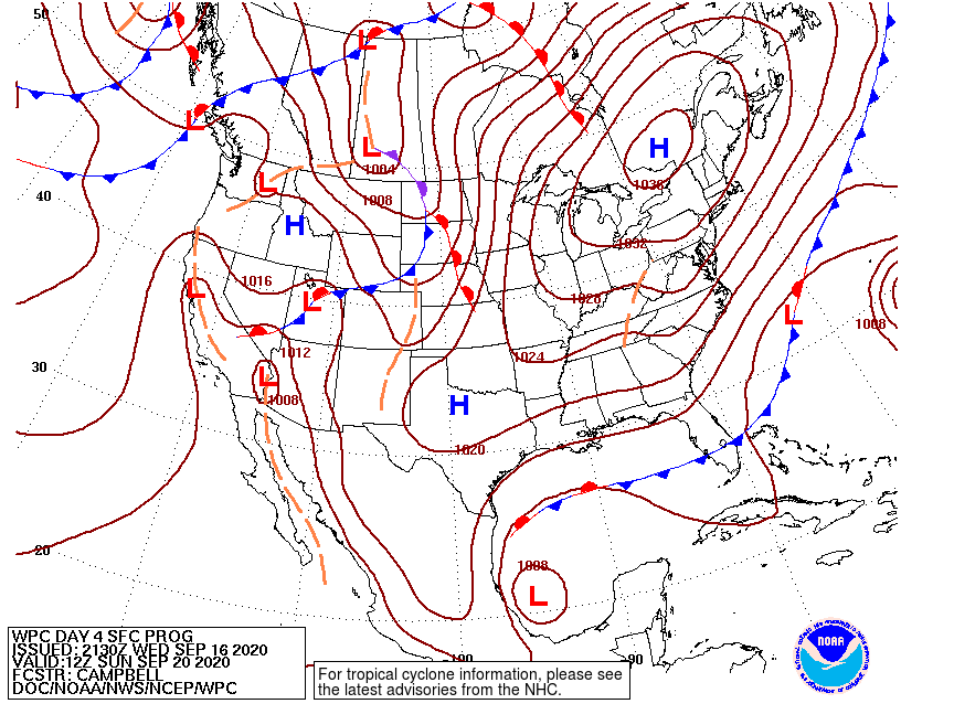 You'll notice that there's a spread there across the Gulf, but all of them are strung out south and east of us because, cold front! The Sunday AM surface map forecast from NOAA shows this well. Front offshore, well to our south, 90L well to our south. 4/