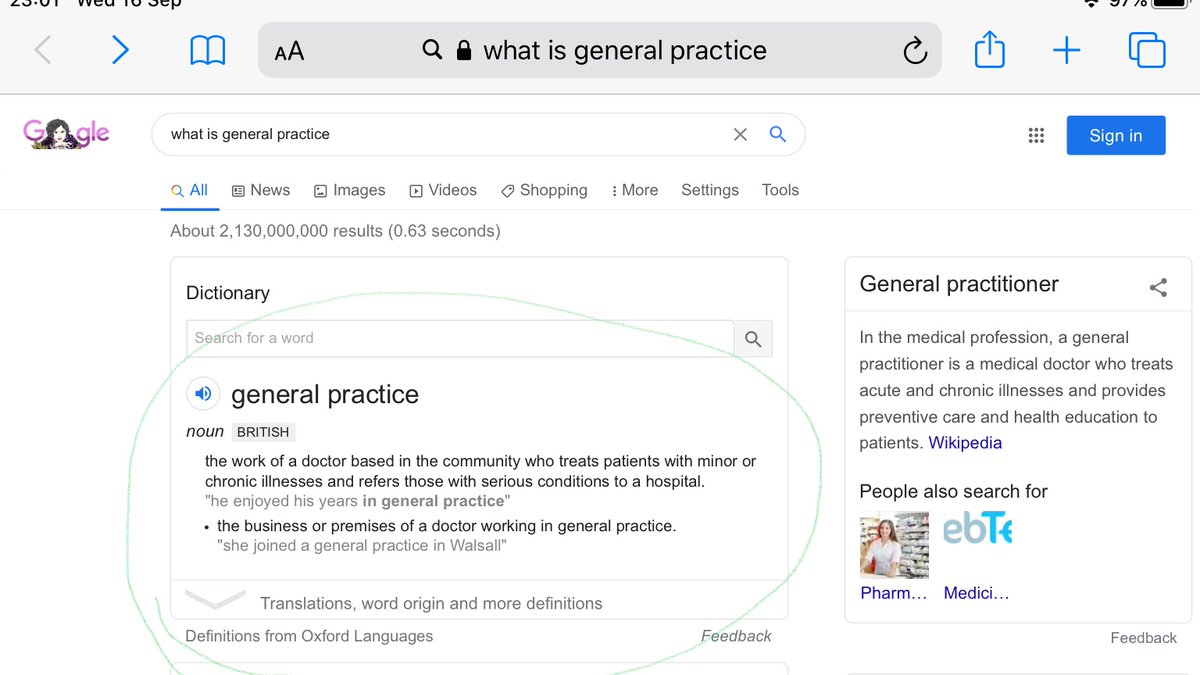 Looking for a 1-2 sentence summary:  “what is GP?” for our new 1st year students........disappointing inspiration from Google/Oxford Languages  -  can confirm this is so not what my 14hr day felt like! 😂 Suggestions welcome!  #MedEd #MedTwitter