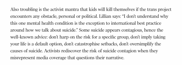 This cycle looks risky, because social contagion appears to play some role in suicide, and so there are mental health guides telling us how *not* to talk about suicide risk. See screenshot for comments by "Lillian", a young lesbian who used to move in trans/genderqueer circles.