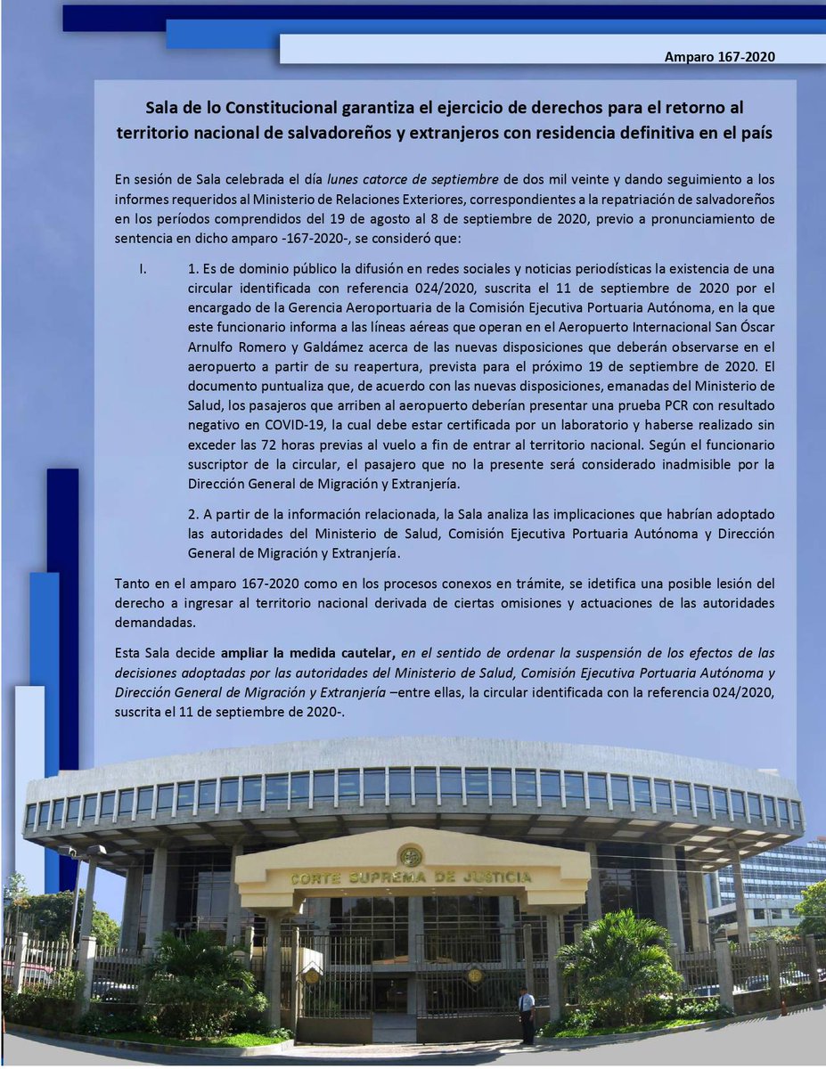 CorteSupremaSV's tweet photo. Sala de lo Constitucional garantiza el ejercicio de derechos para el retorno al territorio nacional de salvadoreños y extranjeros con residencia definitiva en el país https://t.co/jGTsSdnwzK