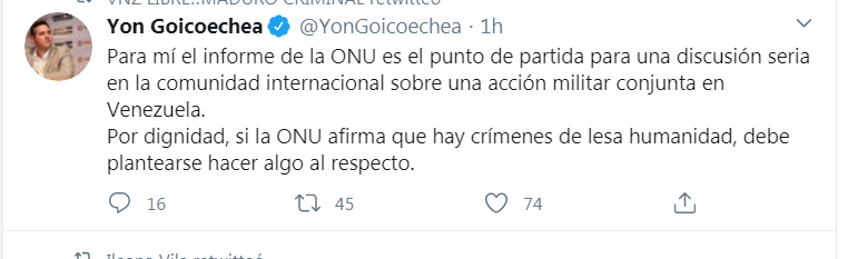 Yongo .<a href="/YonGoicoechea/">Yon Goicoechea</a> hace casi 1 mes atrás acusó de populista a .<a href="/MariaCorinaYA/">María Corina Machado</a> por insistir en la opción militar extranjera para expulsar al narco régimen, hoy en un tuit que "accidentalmente" se le borró (pero que recuperamos) demuestra que cambió de parecer