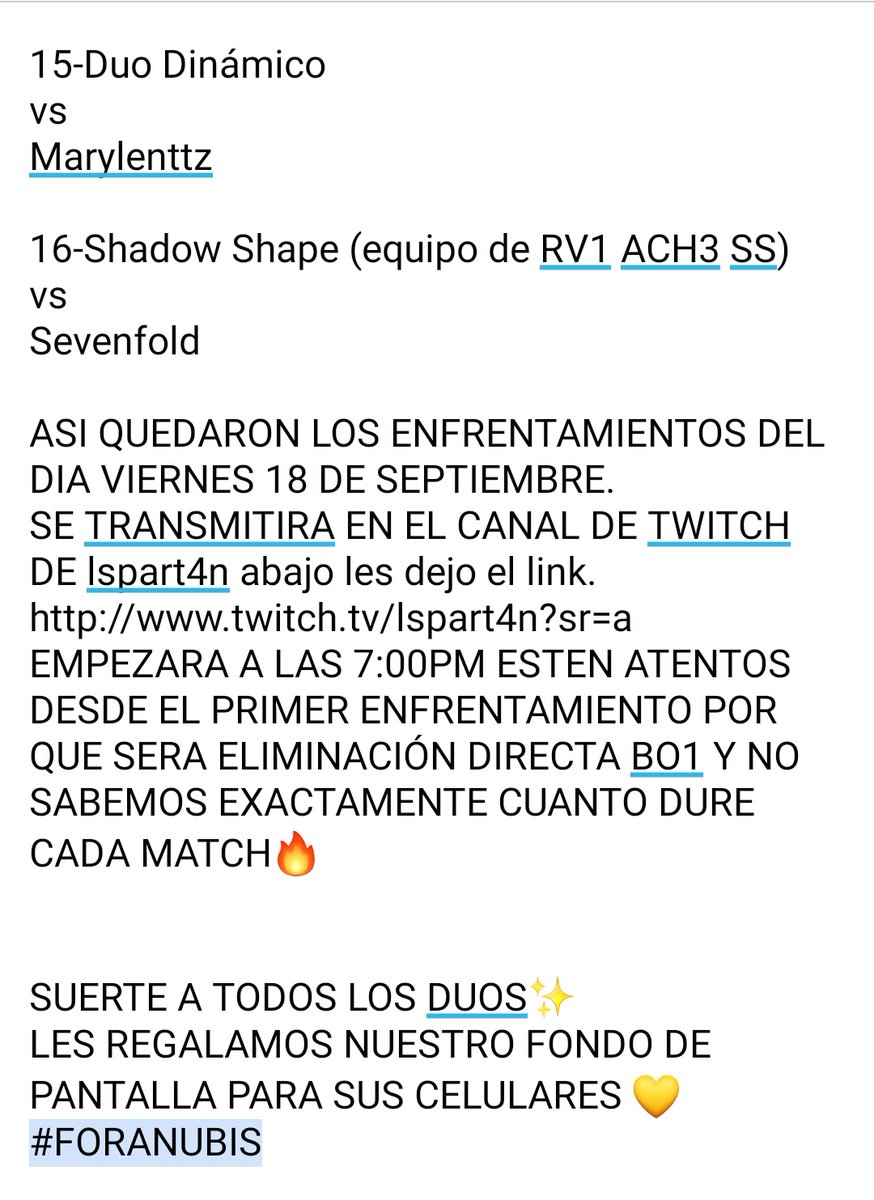 sport_anubis's tweet photo. BUEN DIA AQUI ESTÁN LOS ENFRENTAMIENTOS DEL DIA VIERNES 18 DE SEPTIEMBRE,TODA LA INFORMACIÓN EN LA IMAGENES DE AQUI ABAJITO 💛
#FORANUBIS https://t.co/gZ3Ve6eGSm