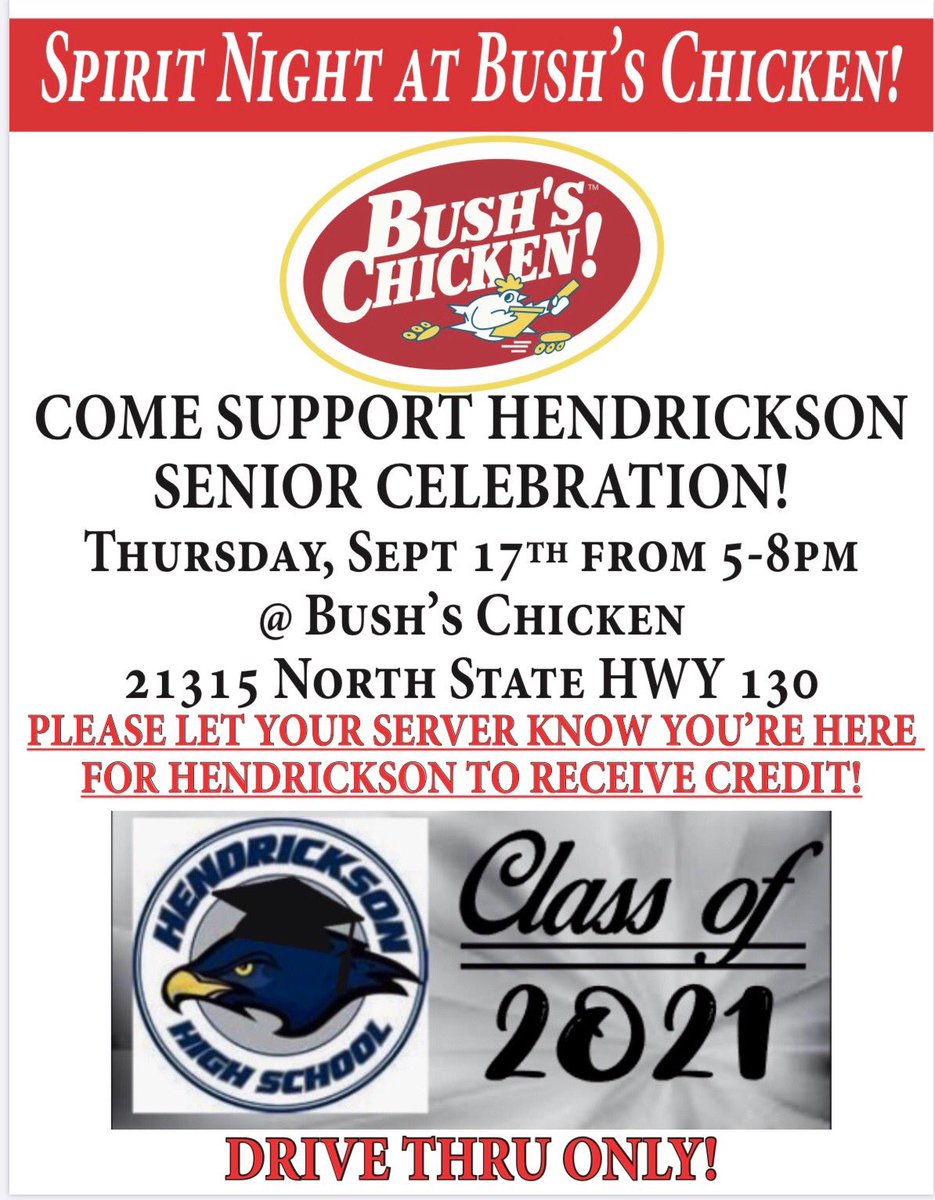 Hawk Nation have dinner at Bush’s Chicken tomorrow👇🏻👇🏻👇🏻a portion of sales will help support the class of 2021 Senior Celebration