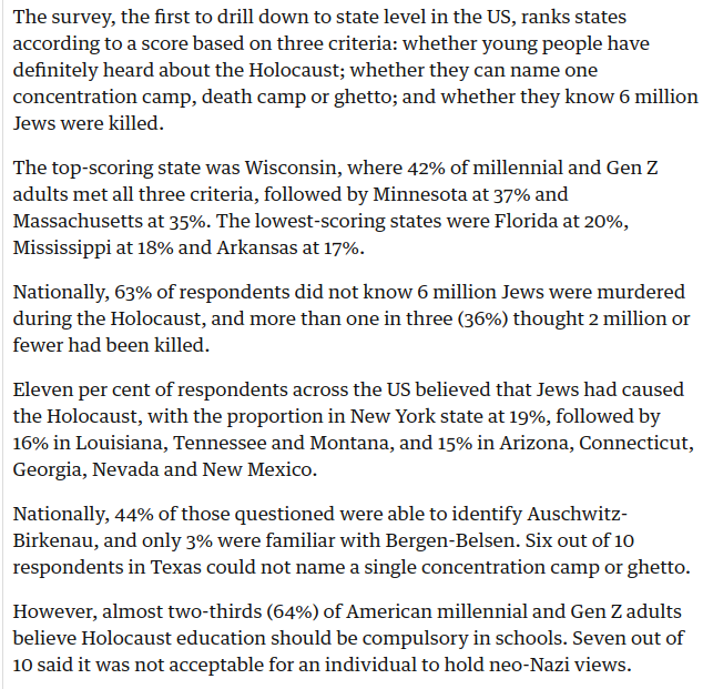 Considering the Nazis modeled their ideology and practice on the genocidal examples of the US and British empire, and were armed and financed by US industrialists, these appalling survey results are absolutely predictable.  https://twitter.com/OshaDavidson/status/1306233115182915590