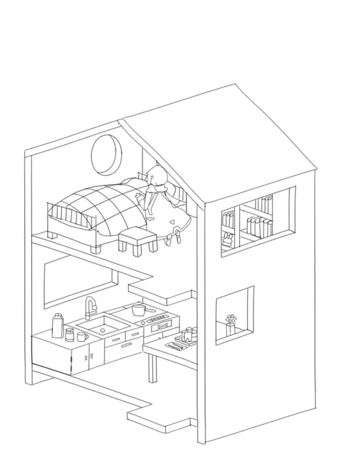 線画できた…壁に隠れる部分もちゃんと描いてるんだけど窓から見えるのは一部なのでバランス取るのがすごい難しい? 