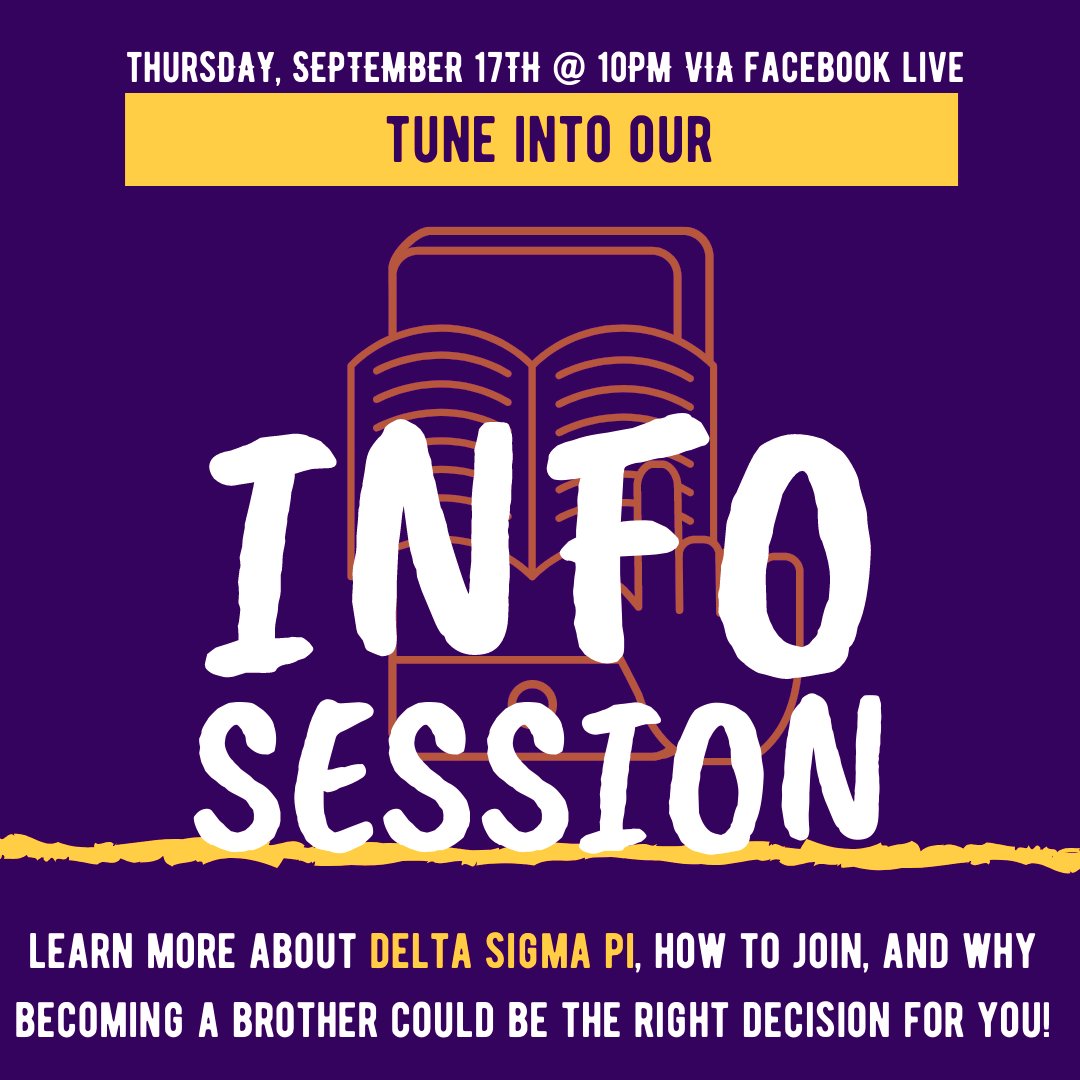 💛Recruitment Week: Day 4💜
LAST CHANCE! Join us on Facebook Live at 10PM to learn about everything that makes it great to be a Deltasig! Like what you see? Submit an application to this link by Friday night!: forms.gle/v2f3Yz8PKkTT9q…

#svsu2024 #dsp #deltasigmapi #muphi