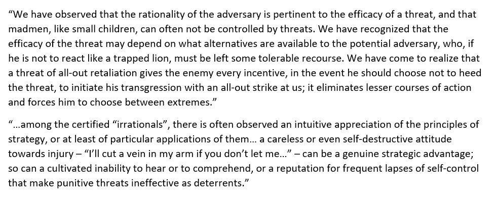 13/ Threats are also only effective if the adversary is rational. Sometimes, irrationality is the rational position for a party.Again, what incentive/threat was there for compliance w/ the demand to cede MOF?"Madmen, like small children, can often not be controlled by threats."