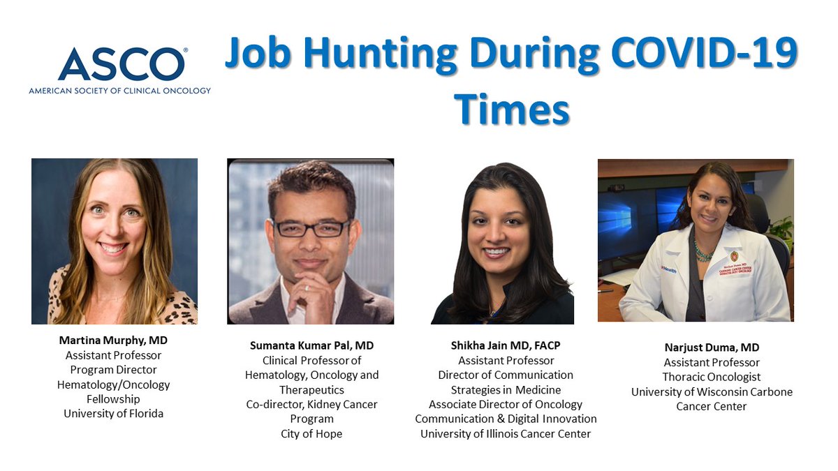 Tomorrow! 

Tips and Tricks for finding your first position during #COVID19 times. 

@ASCO official session in mentorship with Drs. @montypal @DrMMurphy and @ShikhaJainMD. 

1 pm EST/ 12 pm CST/ 10 am PST

NO PPT!

Register here: asco1.webex.com/mw3300/mywebex…