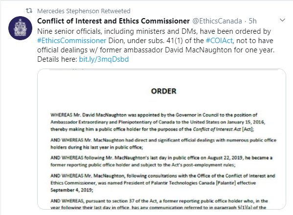 Mercedes Stephenson, of Global news, simply retweets the announcement from the Ethics Commissioner which is also incredibly misleading and suggests the Liberals were guilty of something. 4/15