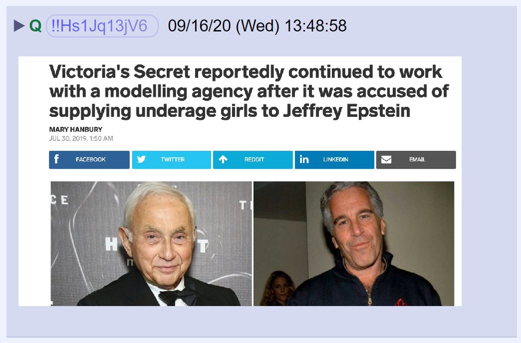37) Q posted a July 2019 headline about a modeling agency used by Victoria's Secret after they were accused of supplying girls to Jeffrey Epstein.Returning to the headlines?