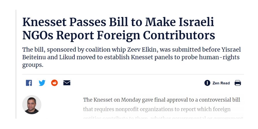 Feb 2010: MK Elkin (Likud), then coalition whip, submits a proposal requiring human rights NGOs the disclosure of quarterly reports on *foreign state funding*. Passed in Feb 2011, this bill came to be the main building block for the 2016 Foreign Agent Law. 5.a/