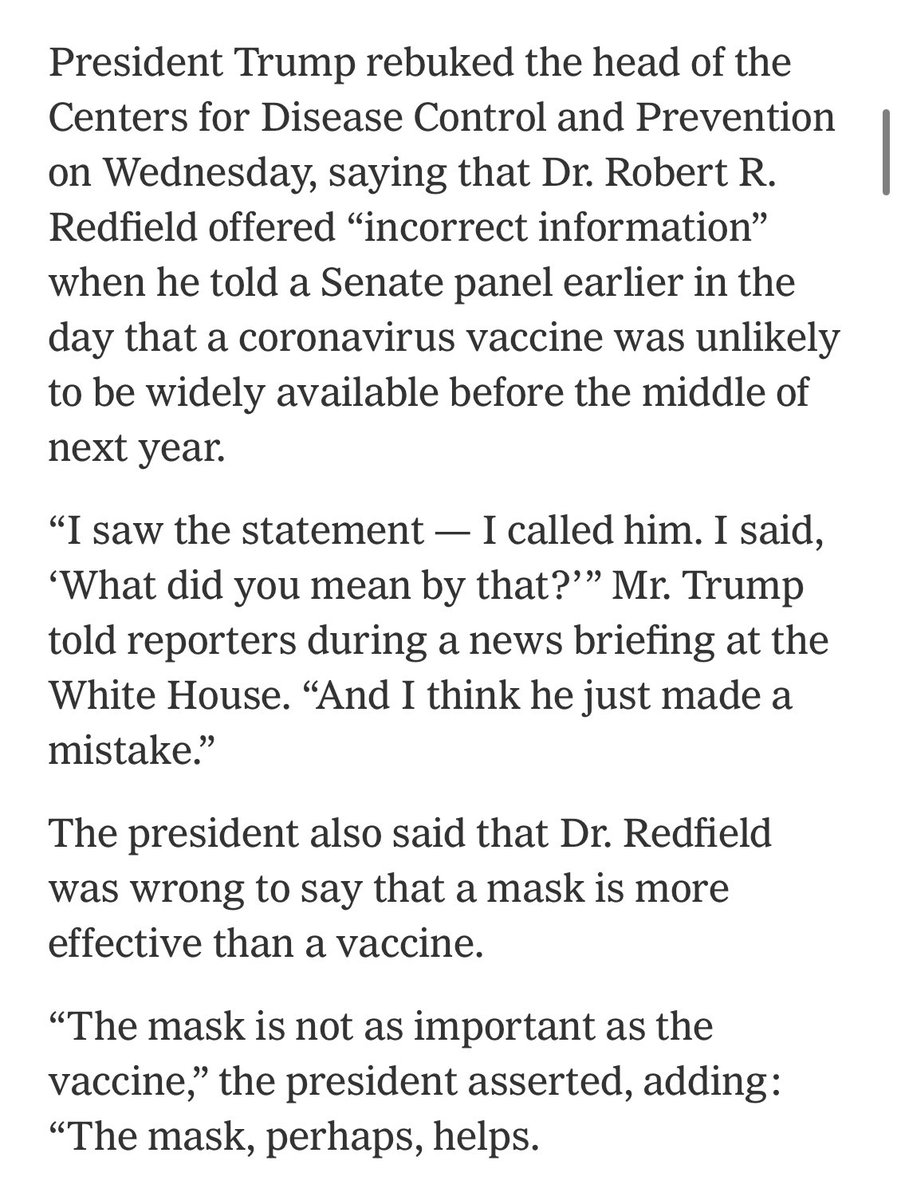 But this President is dooming his fellow Americans to die, rebuking the  @CDCDirector for telling Congress & the public what the world knows: masks are “the most important, powerful public health tool we have” in fighting this pandemic.  https://www.nytimes.com/2020/09/16/world/covid-coronavirus.html Impeachable idiocy