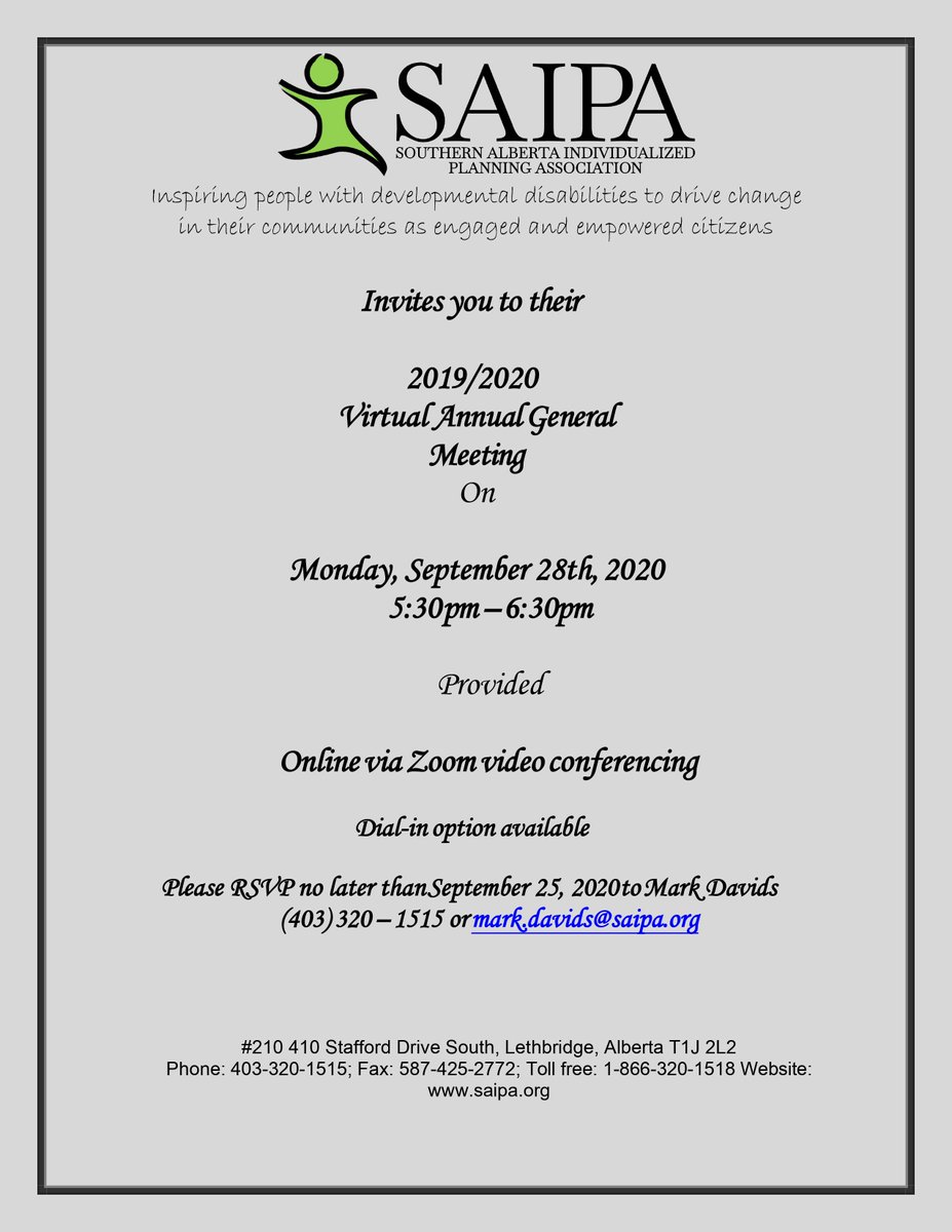 The SAIPA 2020 AGM will take place on Monday, September 28th from 5:30pm -6:30pm. This year, the AGM will be held virtually via Zoom to ensure the comfort and safety of people wishing to attend. You must pre-register to receive the zoom link for the AGM.