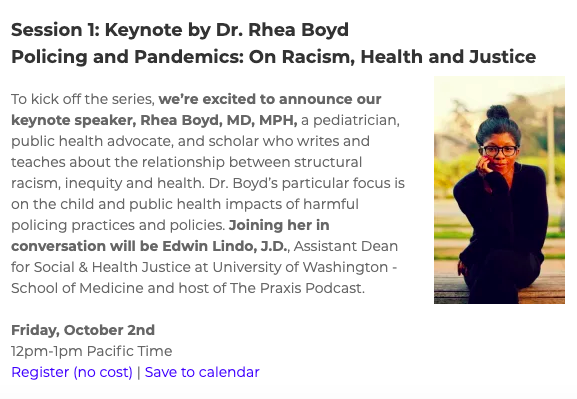 NWHealthLaw's tweet photo. We're thrilled to announce that @RheaBoydMD (of @211SD, will be the keynote speaker of our October webinar series, in conversation with @EdwinLindo (of @ThePraxisPod, @UWMedicine, @UW_Clime, @UWFM). 

Seriously, don't miss this. Register (free) here: https://t.co/Omks8zoTDC https://t.co/AwGS7B9kOg