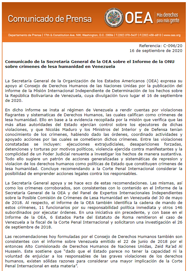 Almagro_OEA2015's tweet photo. Comunicado de la Secretaría General de la @OEA_oficial  sobre el Informe de la @ONU_es sobre crímenes de lesa humanidad en #Venezuela. #OEAconVzla 

https://t.co/EppnlxF3ba https://t.co/DlfAdGZhml