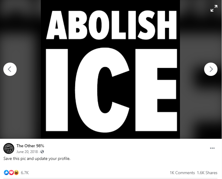 O98 had ~8.99M fb shares in the month(ish) that they had  #AbolishICE as their facebook profile picture. That's probably over 40 million people seeing the message.