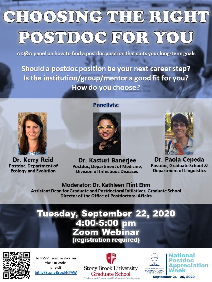 SBUGradProfDev's tweet photo. Choosing the Right Postdoc for You
Join us in this Q&amp;A session on Zoom where @stonybrooku postdocs will provide advice on how to find a postdoctoral position that fits you
Must RSVP - More info: https://t.co/2PTvdB7zOQ
#NPAW #NPAW2020 #SBUGradStudents #SBUPostdocs #SBUGradProfDev https://t.co/shSsnz1CWE