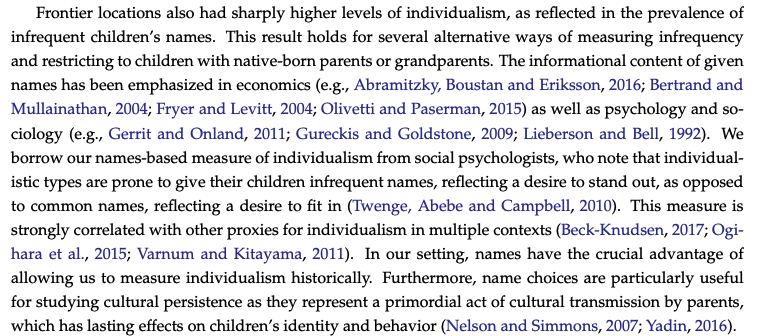 The paper uses whether children are granted common or uncommon names as a variable to determine how individualistic frontier societies are. A historian would probably ask lots of questions. What about social factors, like reliance upon public goods? 3/n
