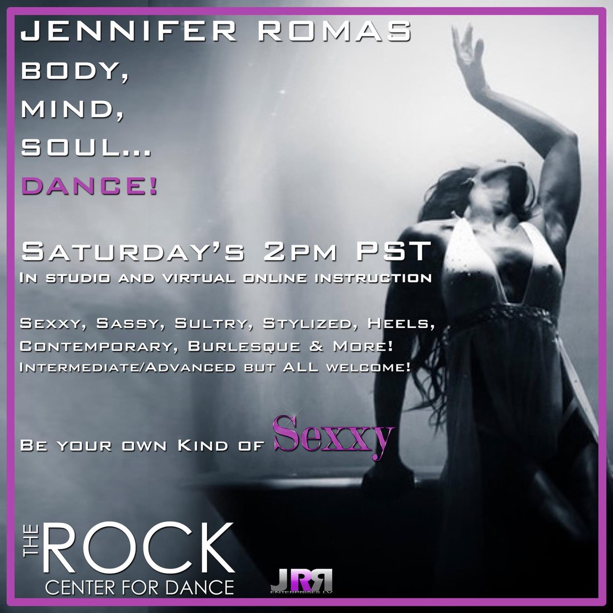 Get ready to be your own kind of Sexxy with producer & choreographer @JenniferRomas Body, Mind, Soul, Dance! We are offering virtual online instruction in studio this Saturday September 19th at 2pm! Learn more and reserve your spot → bit.ly/35KtNGE