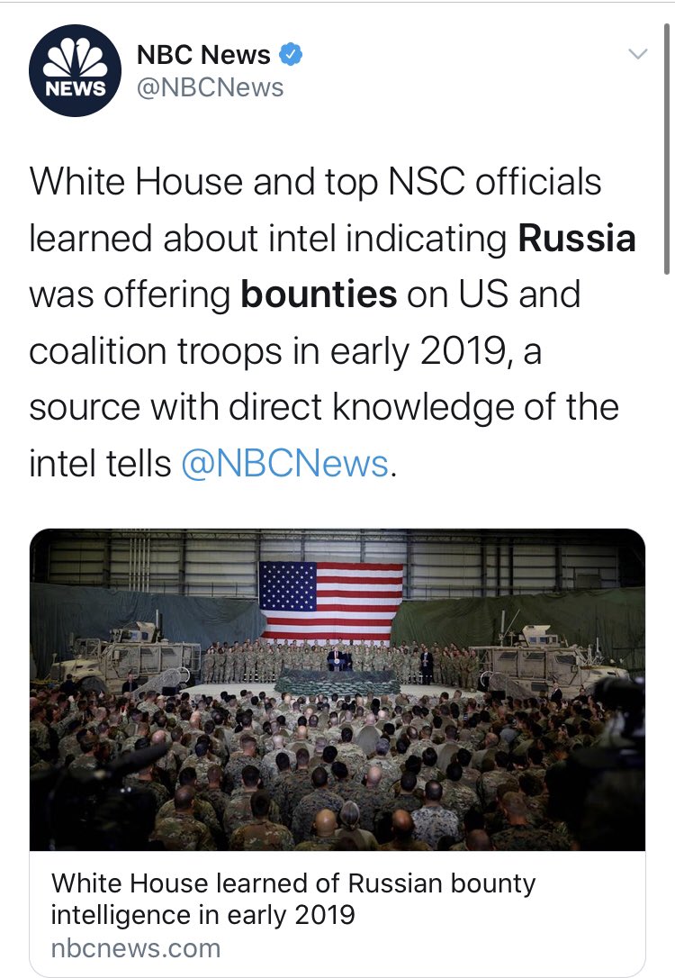 For those not familiar,  @nytimes broke a story a few months back about Russia paying bounties to the Taliban to kill US troops, with Trump turning a blind eye.That would be an an enormous, awful story, worthy of outrage.Problem is, there’s no evidence to support it.  @NBCNews