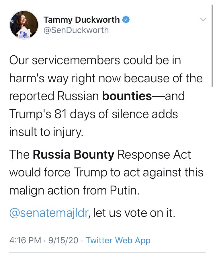 And the Democrats from all over got involved in the act. Here’s the lead on legislation for an investigation into the unconfirmed reports,  @SenDuckworth. You see, it’s easy to look like the good guy when the narrative is such that these claims - far from proved - are true.