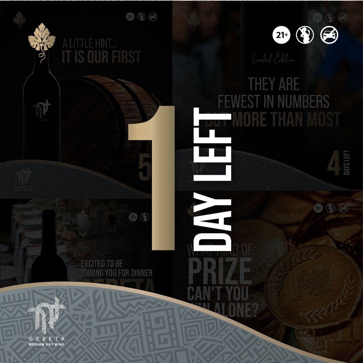 Only one day left! 

Today is the last day before we reveal our Limited Edition surprise. 

Follow and Share with your friends who love wine and love to have fun. 
Cheers, 
Gebeta Wine 
Ethiopian | Syrah Cabernet Sauvignon 
#Ethio #ethiopia #AddisAbaba 
#winelovers #wine #winery