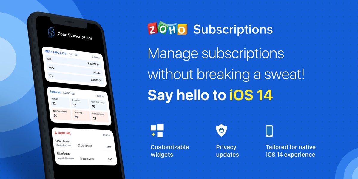 Widgets on  #iOS14 has just turned  @ZSubscriptions into your anytime-assistant! Subscription businesses can now easily track signups, activations, MRR, churn %, and more. Read on:  https://zoho.to/ios14_zsm 
