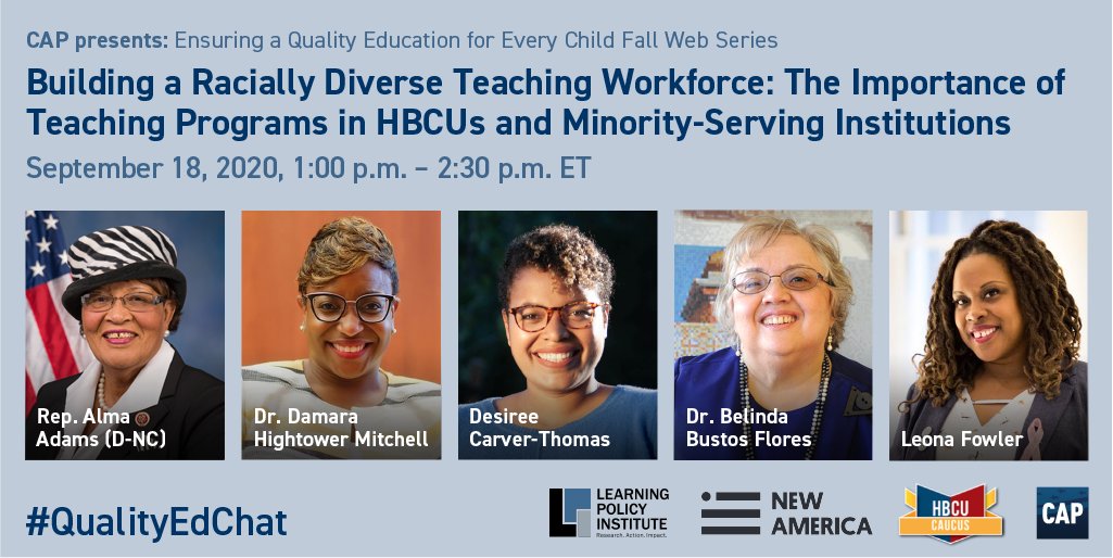 Friday 9/18 at 1:00pm EST:

Join <a href="/EdProgress/">CAP K-12 Education</a>, <a href="/LPI_Learning/">Learning Policy Institute</a>, <a href="/NewAmericaEd/">New America Ed</a>, and <a href="/HBCUCaucus/">HBCU Caucus</a> for a webinar discussing the importance of supporting teacher preparation programs at HBCUs and MSIs.

Register here: ampr.gs/3mscNdV #CAPeducation