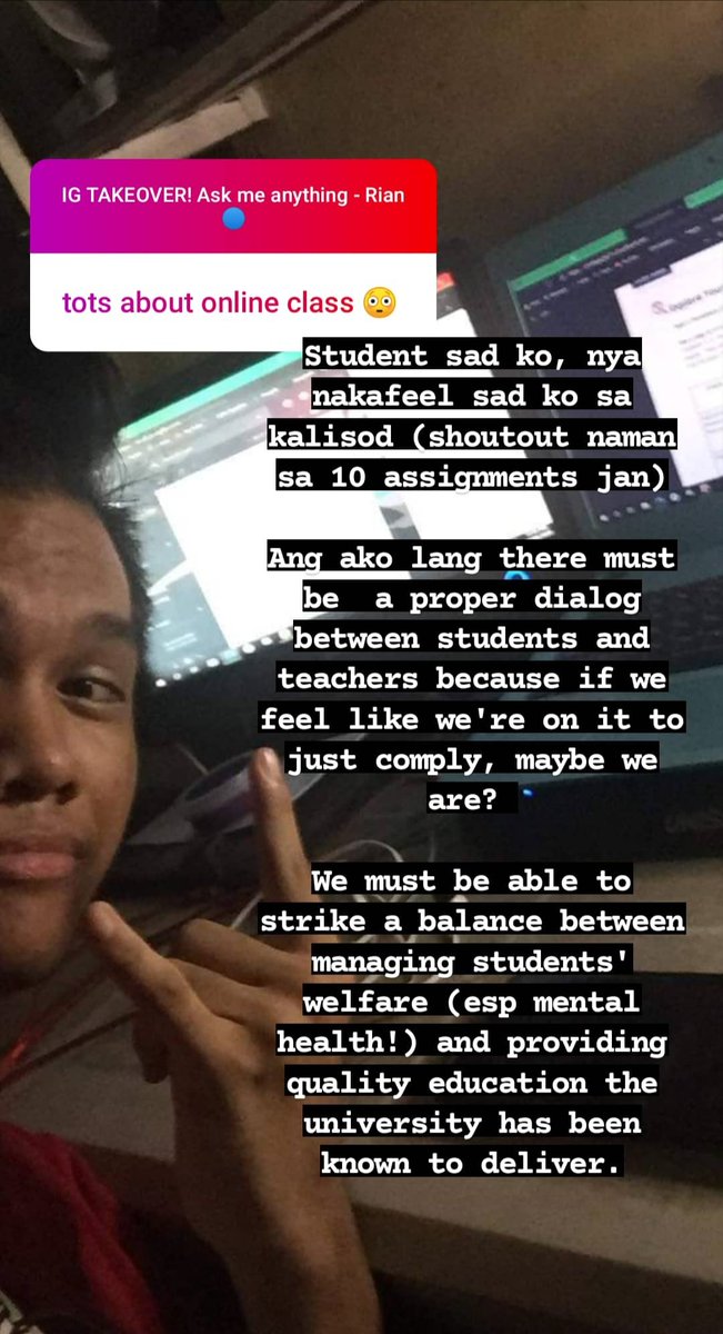 josenianaksyon's tweet photo. Here's President @riyanskiii 's take on online classes:

"There must be a proper dialog between students and teachers because if we feel like we're on it to just comply, maybe we are?" #OneWithRian #OneWithAKSYON https://t.co/HfCz1qwEmJ