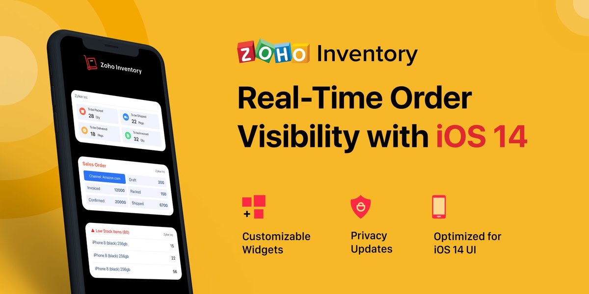 Oh, and  @ZohoInventory is also  #iOS14 ready! With the new widgets, easily monitor orders, packages, and shipments all from your home screen. View orders by channel and take action on low stock items immediately.