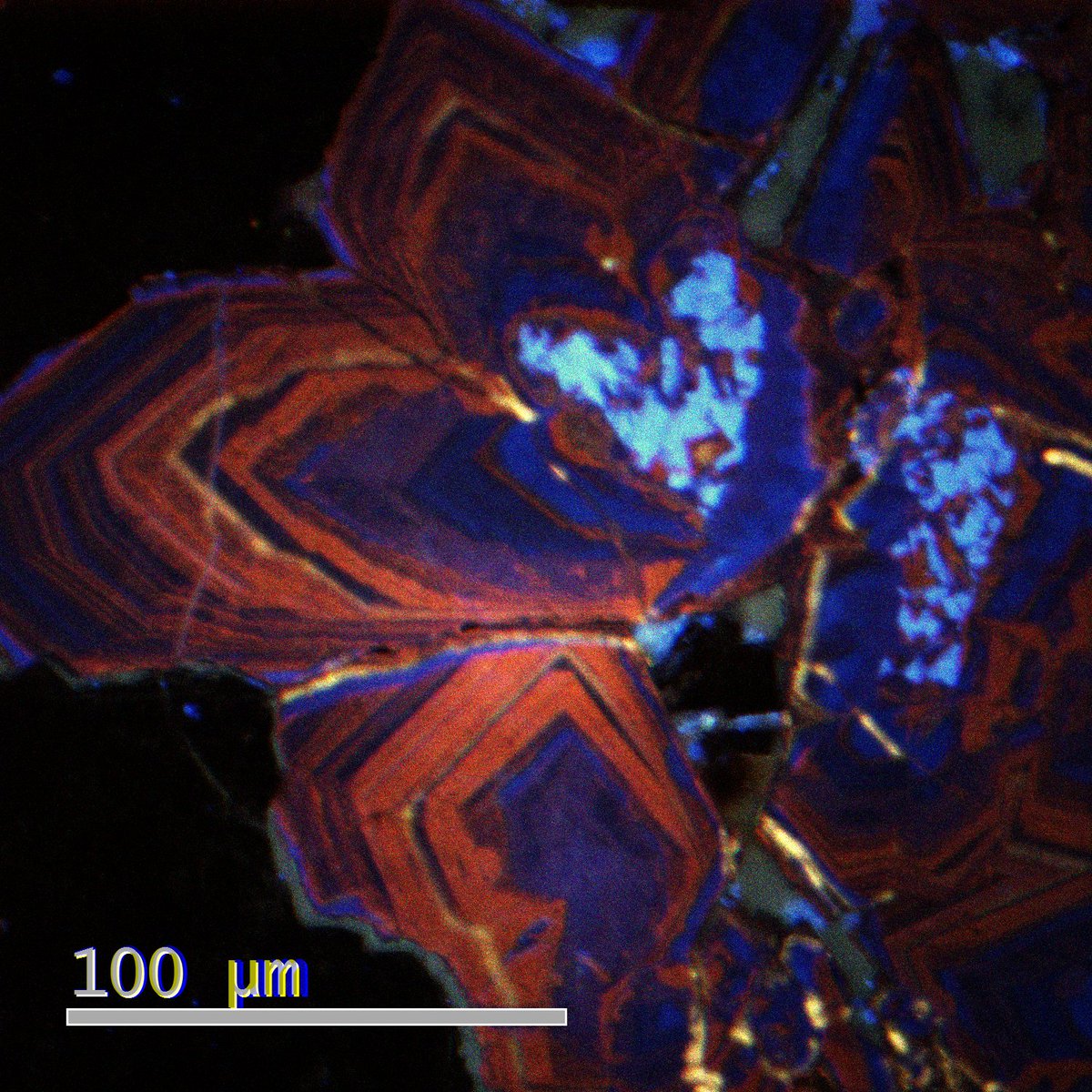 Using Colour CL we can see physical changes in the crystal and hunt for trace elements. In this CL image of quartz microcrystals from the Summitville deposit, the red colour corresponds to missing OH molecules and blue to Al and Ti substitutions.....