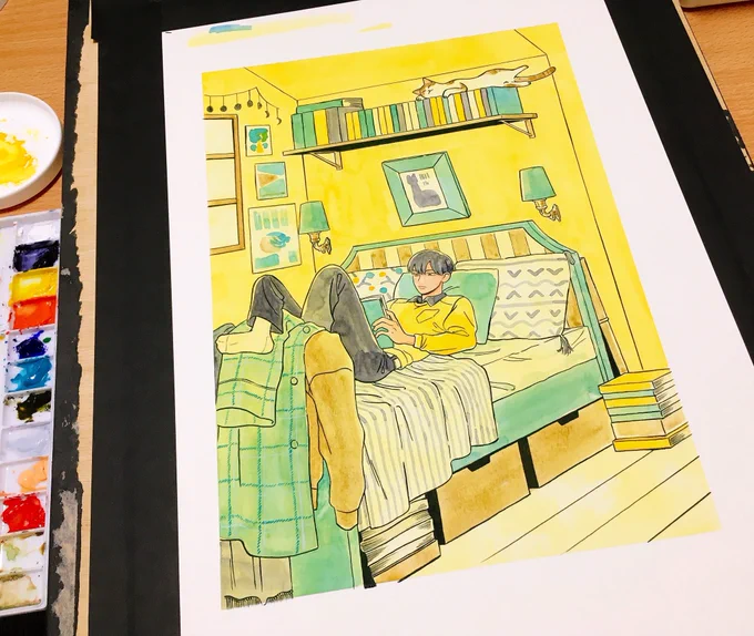 アクリルで線画描いて、塗り絵みたいに水彩使えばまだ水彩使えるかもしれない? 