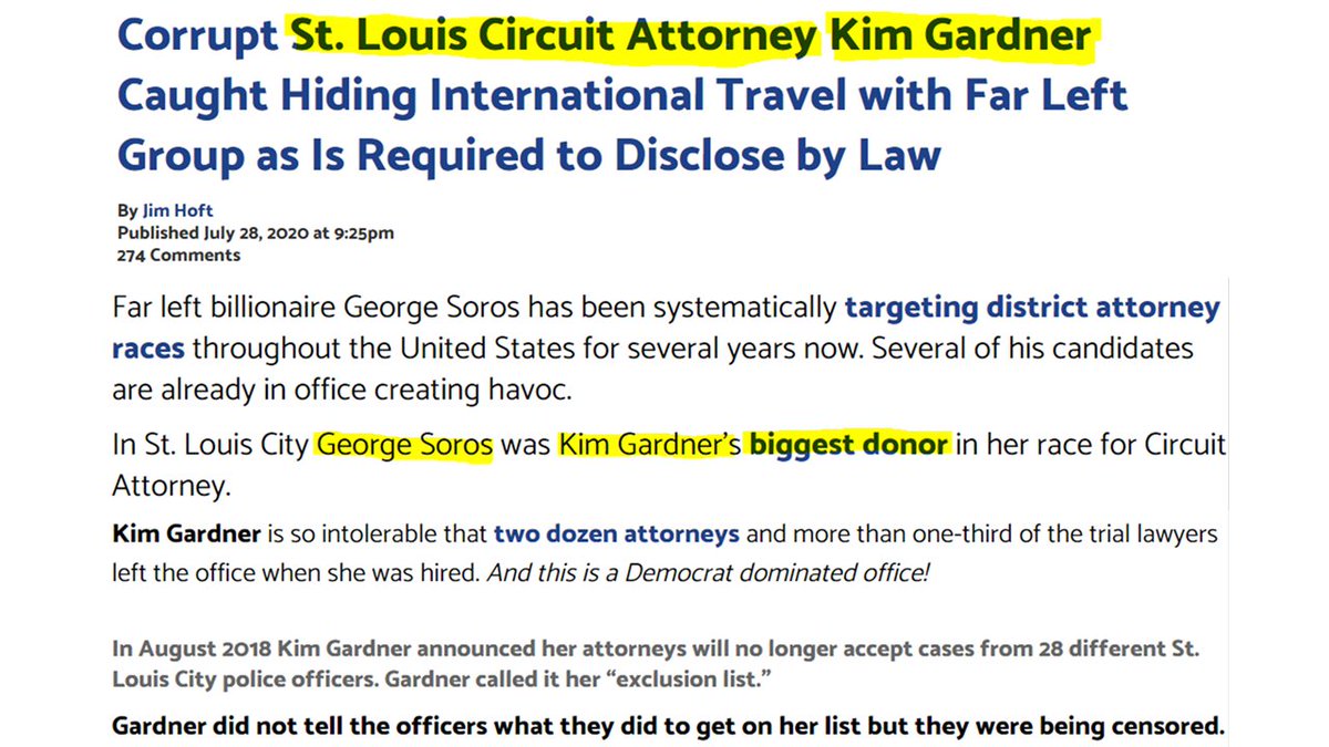 17.  @StLouisCityCA pulls dirty shenanigans:-She was caught hiding international travel, against the law.-She had a secret exclusion list of 28 police officers from whom her office wouldn't accept cases. She didn't tell them they were being censored. https://www.thegatewaypundit.com/2020/07/corrupt-st-louis-circuit-attorney-kim-gardner-caught-hiding-international-travel-far-left-group-required-law/