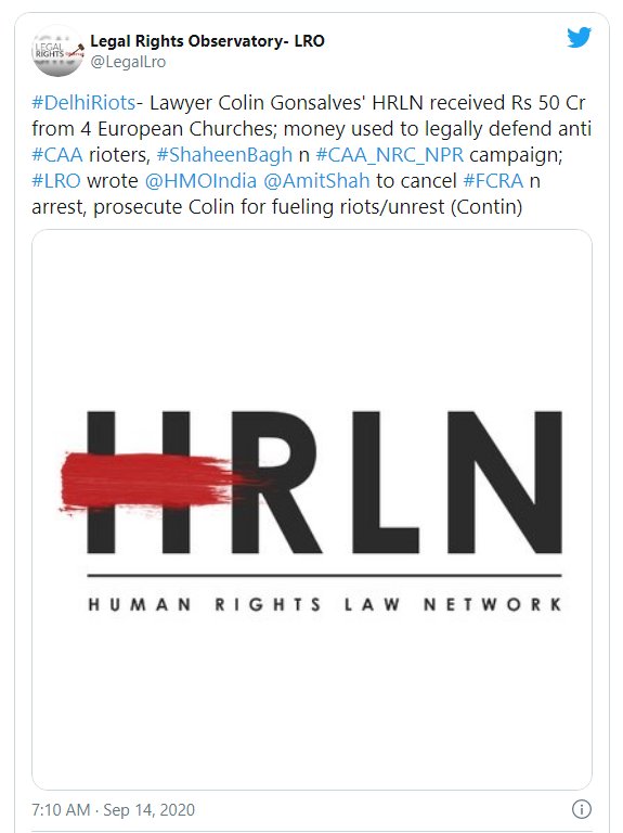  #ForeignFundings  #NGO  #Anti_India_ActivitiesLegal Rights Observatory has revealed that NGO Human Rights Law Network (HRLN) of activist Colin Gonsalves had received Rs. 50 crores from four European Churches for defending anti-CAA rioters and activists legally in courts.The TThe