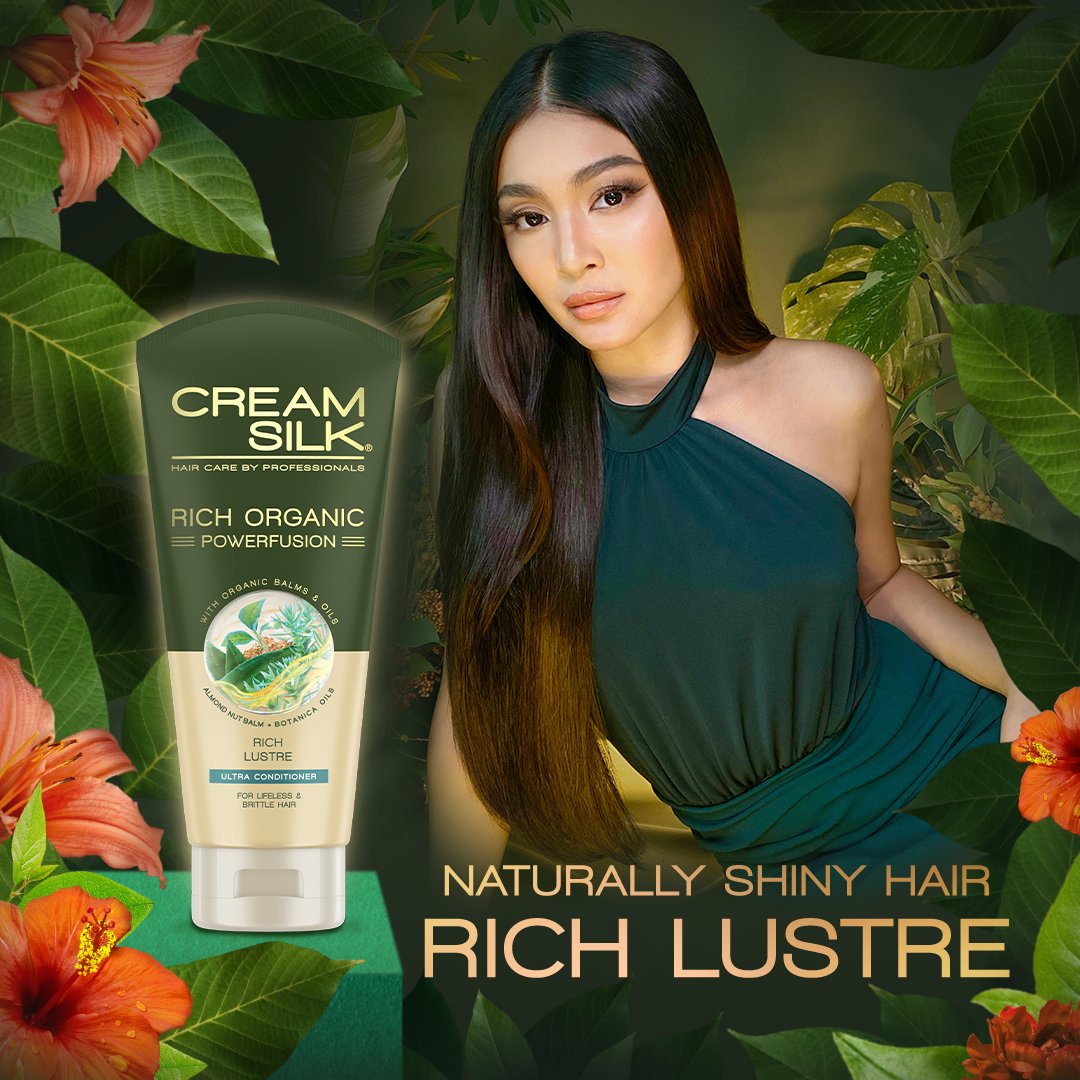 CreamSilkPH's tweet image. Dreaming of having naturally shiny hair? Indulge in the power of nature like Cream Silk girl Nadine Lustre with the new Cream Silk Rich Organic Powerfusion Rich Lustre. Experience the #RichnessOfNature like never before for hair that blooms with life. 🍃💚 #CreamSilkRichLustre