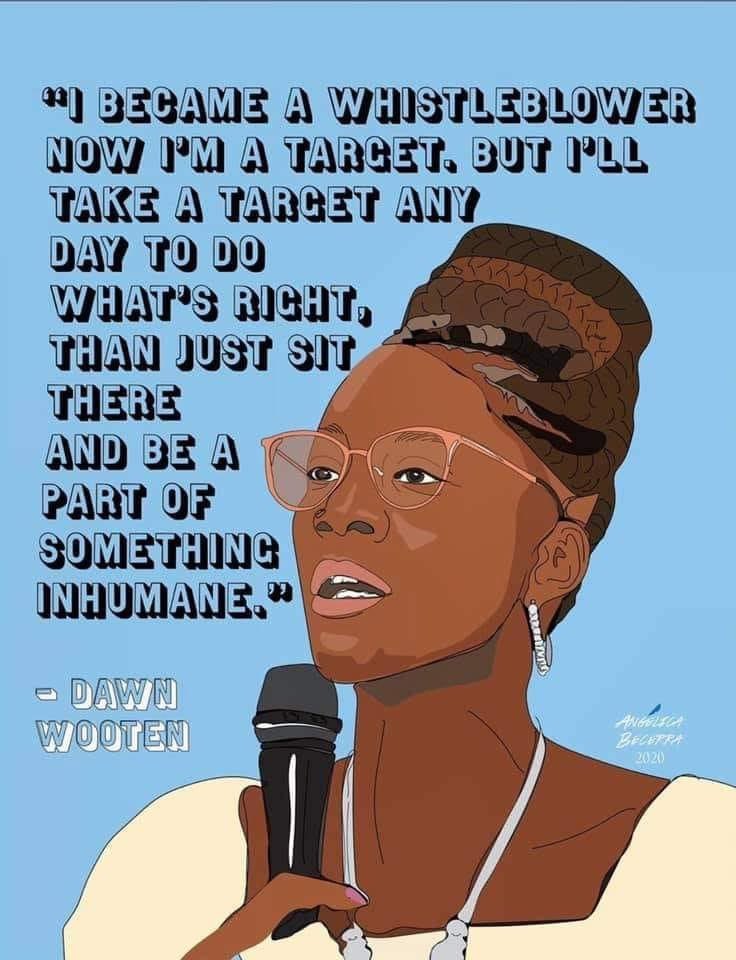 aliciagarza's tweet photo. #DawnWooten is a national hero. Forced sterilization of migrants is a crime against humanity. Telling the truth takes courage. Dawn stood up to say this is wrong. Thank you dear one for being a #DemocracyDefender. Thank you to @ANGELICABECE for this beautiful art. https://t.co/PLaGj17gSn