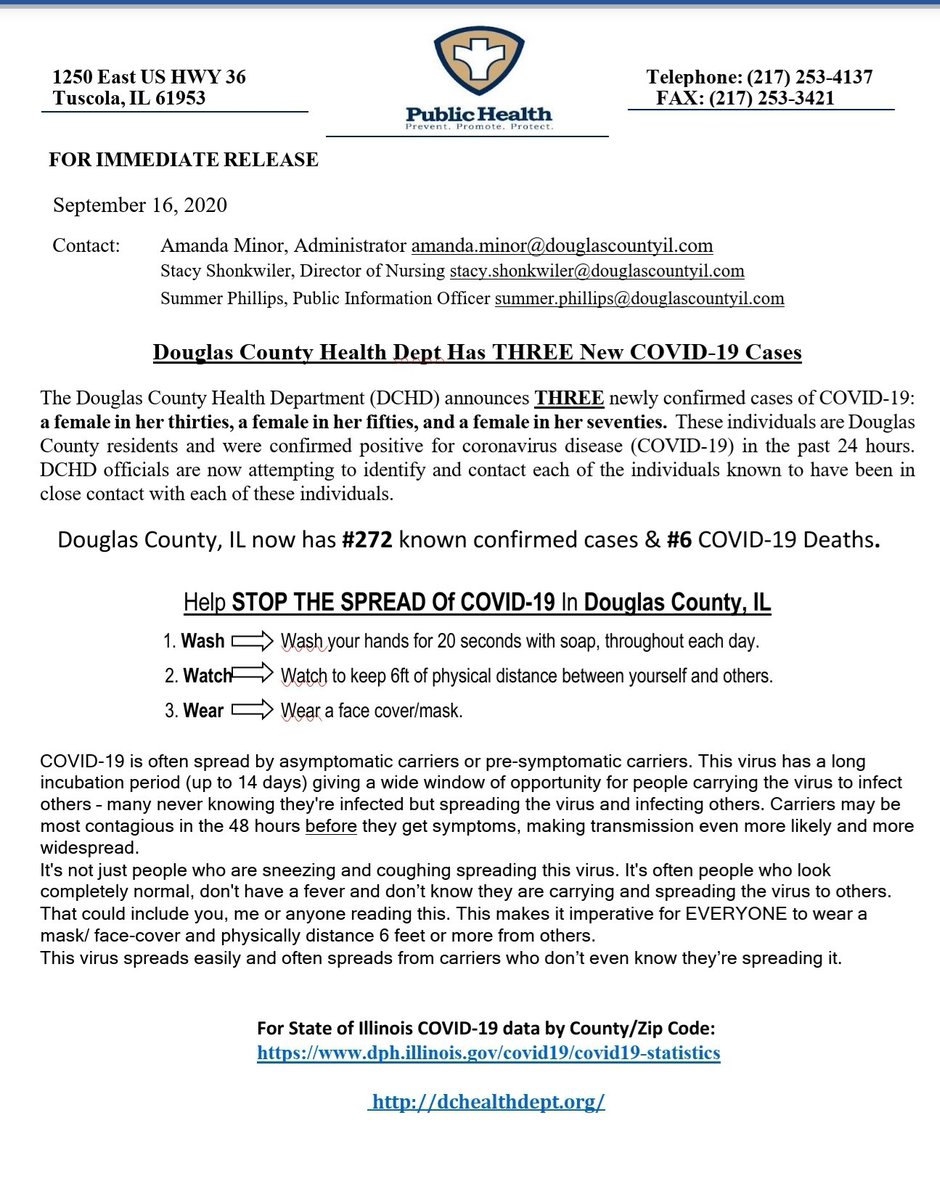 DOUGLASCOHEALTH's tweet photo. COVID-19 Updates
Wed 9/16/20
#DCHD       3 New
#IDPH 1,941 New
Douglas County, IL:
#272 Total Confirmed Cases &amp; #6 COVID-19 Deaths.
Tomorrow, Thurs 9/17, wear purple to support AHS Principal, Lisa Sigrist 💜 
#SigristStrong
#6ftdistance
#douglascountyil_covid19_update https://t.co/Bz7hGqlZjL