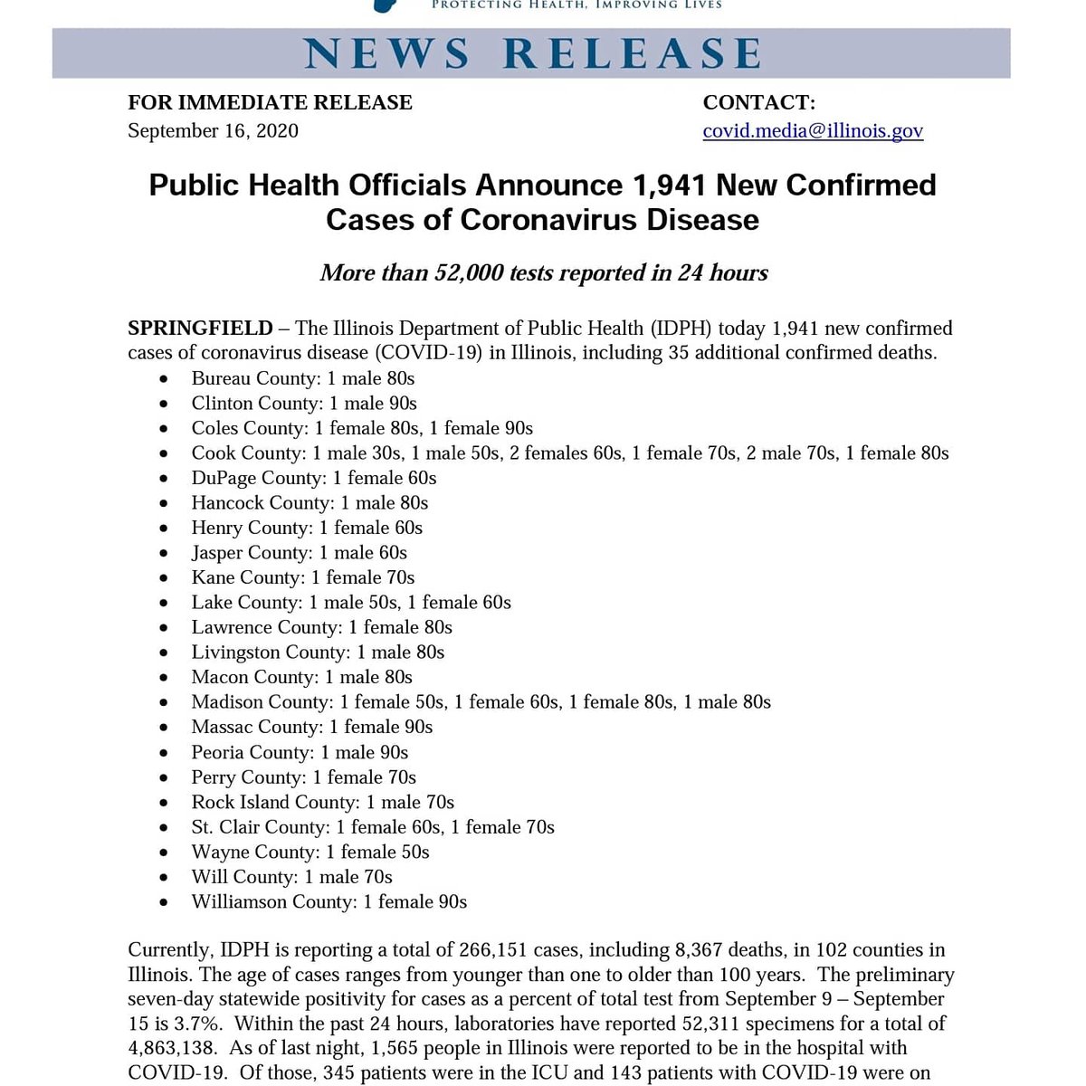 DOUGLASCOHEALTH's tweet photo. COVID-19 Updates
Wed 9/16/20
#DCHD       3 New
#IDPH 1,941 New
Douglas County, IL:
#272 Total Confirmed Cases &amp; #6 COVID-19 Deaths.
Tomorrow, Thurs 9/17, wear purple to support AHS Principal, Lisa Sigrist 💜 
#SigristStrong
#6ftdistance
#douglascountyil_covid19_update https://t.co/Bz7hGqlZjL