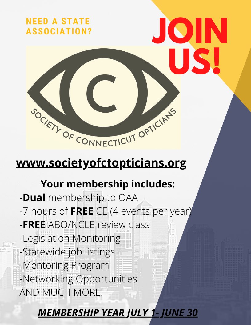 SOCOinCT's tweet photo. #Join
#Opticians
#Eyewear #EyeCare
Please join! Our membership is growing and growing and we would love for you to be a part of it. If you want to talk to any boardmember about the benefits, please contact us.
https://t.co/Yz1UkBNNoI https://t.co/h5Z9CVYDiY
