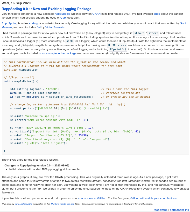 eddelbuettel's tweet photo. RcppSpdlog 0.0.1 on CRAN: New logging package
Modern C++ logging for R extension packages
https://t.co/WpjZzk9W3N
#rcpp #rstats

/cc @gabi_melman https://t.co/C2e5Ele011