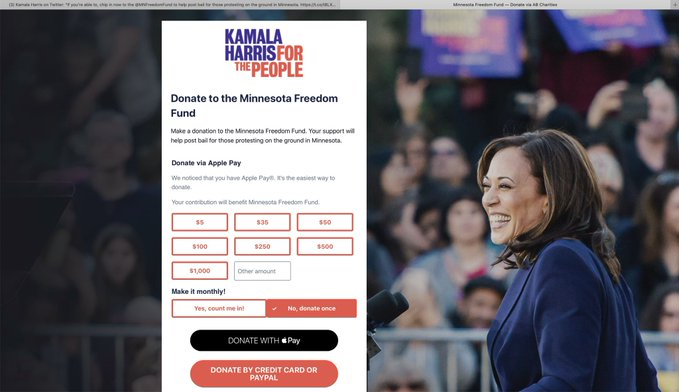 As of Wednesday, the bail fund Kamala Harris tweeted that helped bail out an alleged child rapist is still accepting donations.It includes her picture and the slogan of her former presidential campaign.