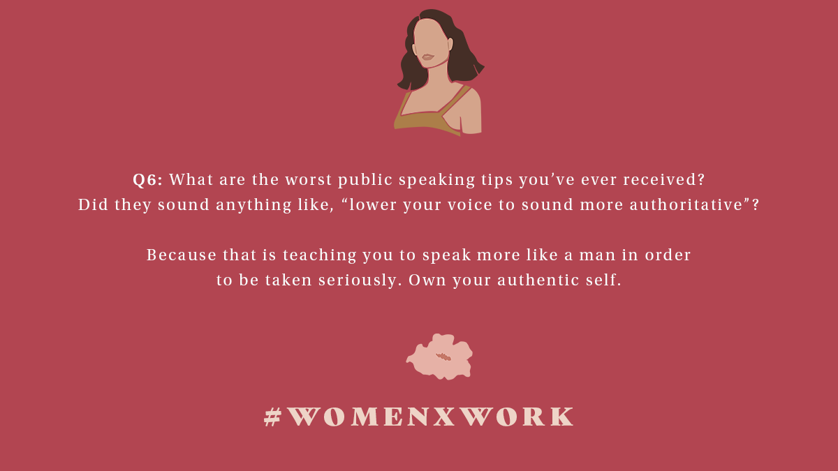 megbutton's tweet photo. Q6: What are the worst public speaking tips you’ve ever received? Did they sound anything like, “lower your voice to sound more authoritative”? Because that is teaching you to speak more like a man in order to be taken seriously. Own your authentic self. #womenxwork https://t.co/DM5fhd7tr2