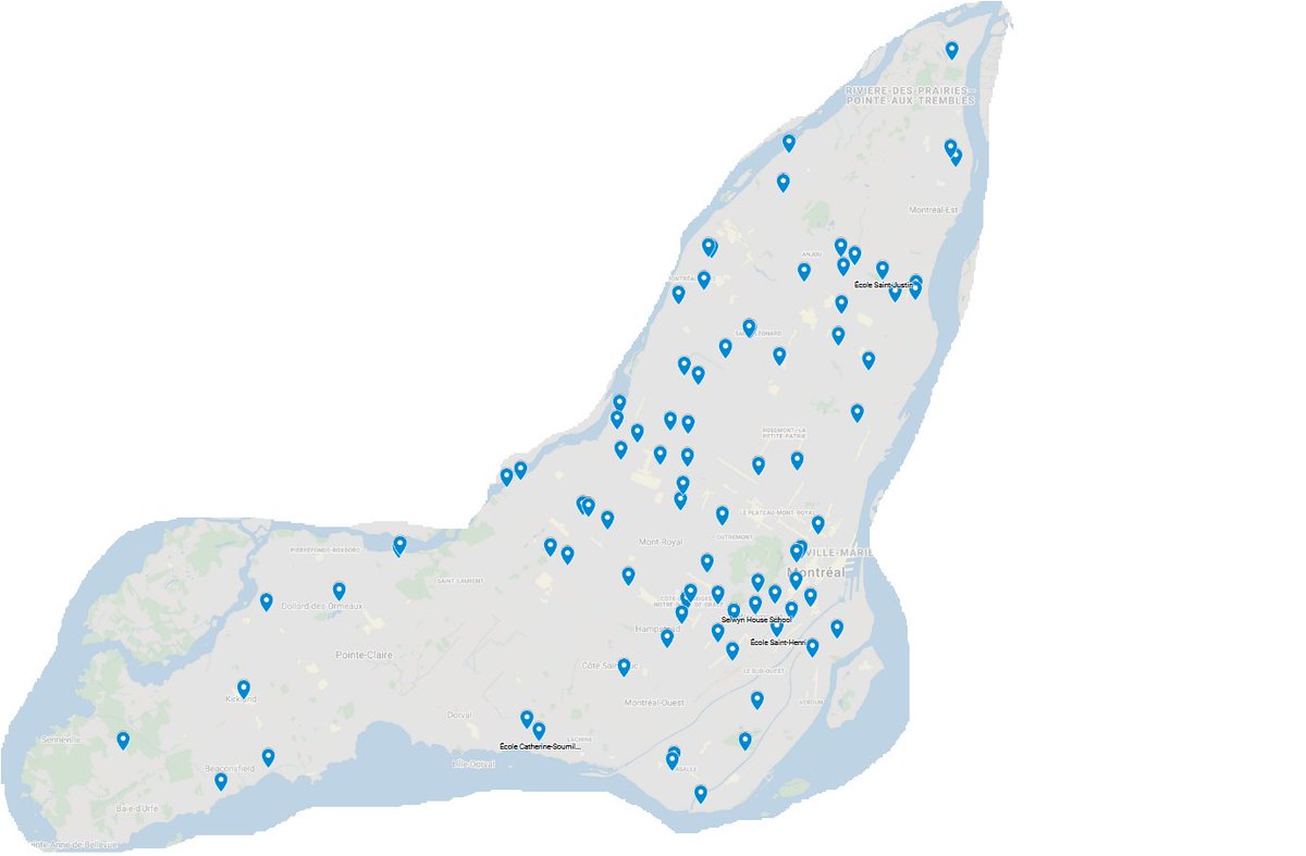 4) If you look at the map below — courtesy of  http://covidecolesquebec.org  — you will observe far more schools in the Centre and East End of the metropolis that are declaring confirmed cases of  #COVID19 among students and staff than on the West Island.